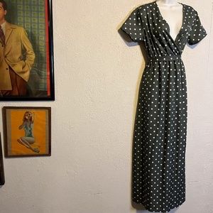 Sage Green Polka Dot Deep-V Wrap Look Retro Dress L